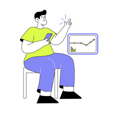 Flat Line Illustration Man Analyzing Financial Chart and Market Trend
