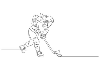 Female Hockey Player in Action Line Art, Hockey Stick and Puck Continuous Line Drawing, Hockey Stick, Puck, and Ice Line Art, Hockey sticks crossed over a puck, simple linear drawing
