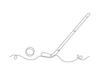 Female Hockey Player in Action Line Art, Hockey Stick and Puck Continuous Line Drawing, Hockey Stick, Puck, and Ice Line Art, Hockey sticks crossed over a puck, simple linear drawing
