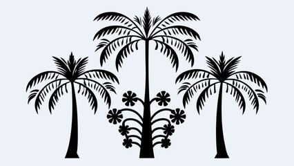 Illustration of three palm trees with a flowering tree in the middle in black and white design