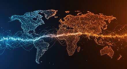 Dynamic global data flow visualized with vibrant digital waveforms connecting continents in a modern, interconnected world of information and technology.