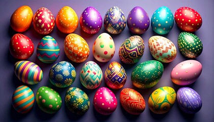 Colorful decorated eggs in a grid pattern