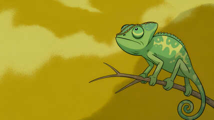 Chameleon on Branch Artwork | Green Reptile, Colorful Lizard, Wildlife Illustration