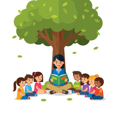 Teacher Reading Book Outdoors with Kids