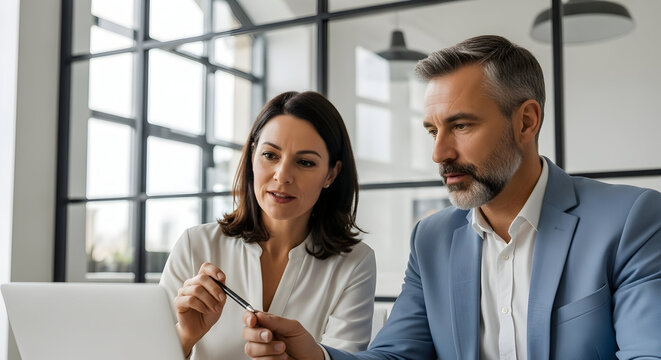 Business professionals collaborating in modern office discussing project details using laptop and smartphone teamwork corporate meeting workplace communication success