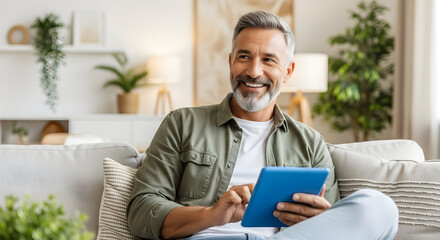 Happy mature man using a tablet device at home smiling and enjoying leisure time in a cozy modern living room with plants and natural light