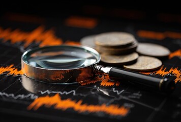Stack of coins with reflective surfaces on a dark background illuminated by orange light streaks symbolizing financial growth and economic stability