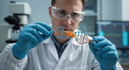 Focused scientist meticulously examines a detailed DNA helix model, representing groundbreaking genetics research and innovative medical discoveries in a modern laboratory setting.