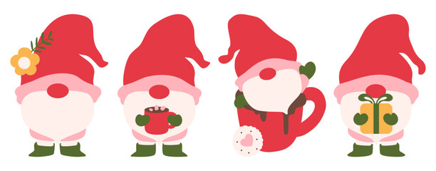 A set of cute vector Christmas gnomes with winter and holiday elements like hot cocoa and gifts. Great for festive designs.