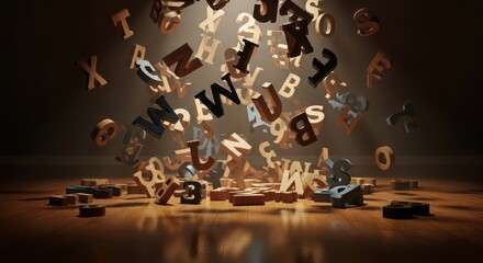 Wooden Letters and Numbers Suspended in Air Above a Polished Wooden Floor, Lit by a Dramatic Spotlight
