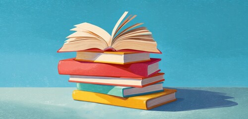 Stack of colorful books with open pages on top, set against a bright blue sky background