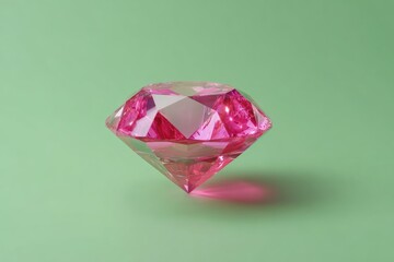 A vibrant pink diamond on a mint green backdrop.  The diamond's facets sparkle, reflecting light.  A soft shadow is cast below