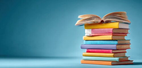 Stack of colorful hardcover books arranged on a light blue against a matching blue background, with some open books on top