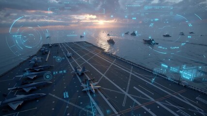 cinematic aircraft carrier deck fighter jets, glowing holographic HUD overlays sky, digital targeting grids, battlefield communication signals destroyers futuristic cinematic military - Powered by Adobe