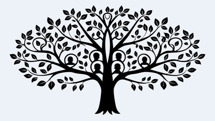 Obraz premium Illustration of a black family tree with portrait icons and leaf details on a white background design art