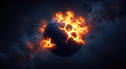 Obraz premium Planet breaking apart in space with glowing lava and flying debris, symbolizing cosmic destruction, apocalypse, energy, and dramatic sci-fi concepts
