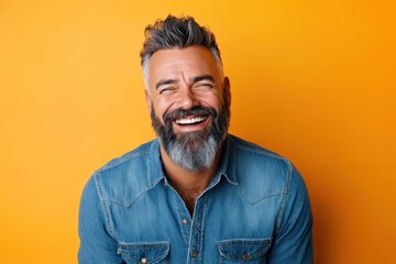 Fototapeta premium Laughing man with beard in denim shirt