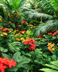Lush greenery and vibrant flowers create a tropical paradise, showcasing a variety of colorful blooms amidst rich leafy foliage.