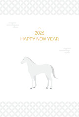 2026年午年の年賀状テンプレート/白馬と七宝柄/シンプルなフラットスタイル