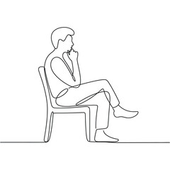 Man sitting and thinking on a chair in a simple line drawing style