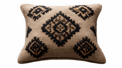 Burlap patterned decorative pillow isolated on black background