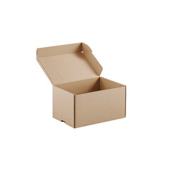 Elevated perspective of a single open cardboard package presented on an isolated plain setting