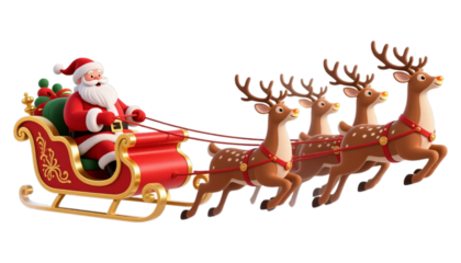 Santa Claus Sleigh with Reindeer, Crimson 3D Realism Illustration on Transparent Background
