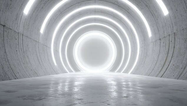Empty, white concrete tunnel lit by concentric neon circles
