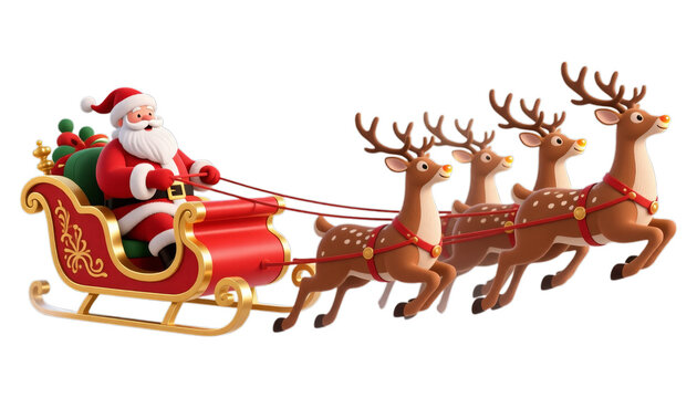 Santa Claus Sleigh with Reindeer, Crimson 3D Realism Illustration on Transparent Background