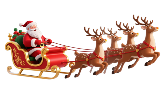 Santa Claus Sleigh with Reindeer, Crimson 3D Realism Illustration on Transparent Background