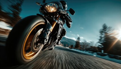 Motorcyclist speeding on winter mountain road; sunlit, snowy background