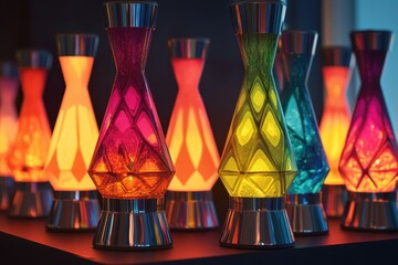 Vibrant geometric pattern lava lamps glowing with warm and cool colors displayed together