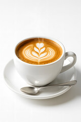 Naklejka premium A beautifully crafted hot latte with delicate foam art in a white ceramic cup, representing a perfect morning coffee break