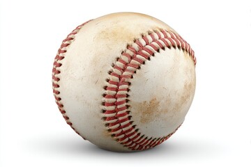 Worn baseball, white leather, red stitching, isolated