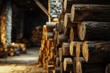 Stacked wooden beams in warehouse