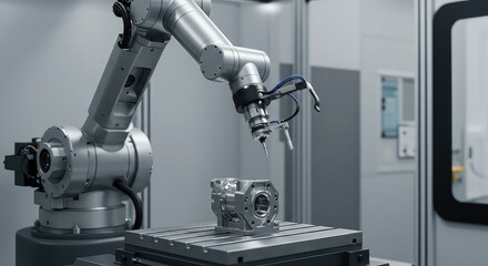 Precision robotic arm meticulously inspecting a complex metal component on a workbench in a high-tech manufacturing facility, showcasing advanced automation and quality control.