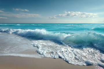 Sunny turquoise waves crash on a sandy shore