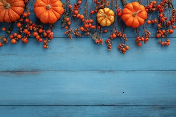Small pumpkins and berries adorn a light blue wooden plank background