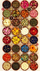 Colorful dried herbs in small bowls