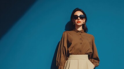 Stylish woman wearing sunglasses and a brown blouse with long sleeves, standing against a vibrant blue background, showcasing fashion and confidence in a modern portrait