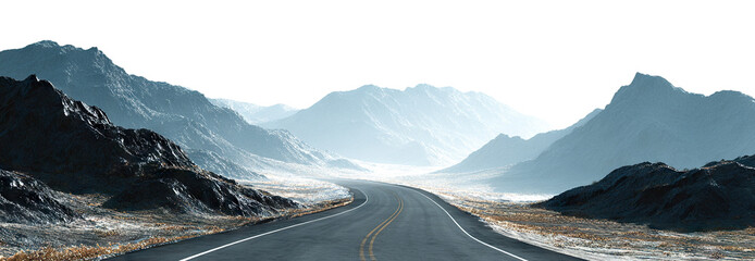 Fototapeta na wymiar Curved asphalt road through misty mountains, isolated on transparent cutout background