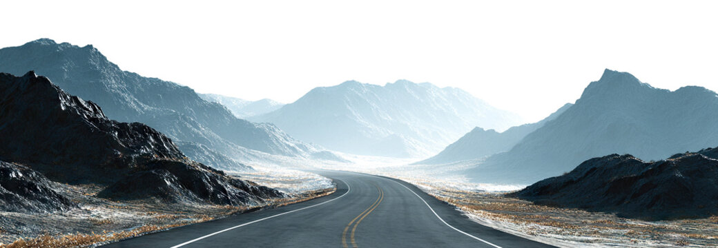 Curved asphalt road through misty mountains, isolated on transparent cutout background
