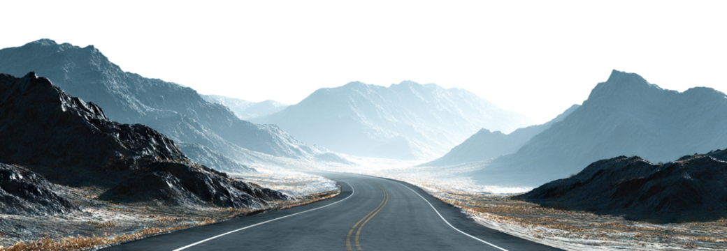 Curved asphalt road through misty mountains, isolated on transparent cutout background - Powered by Adobe