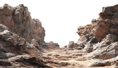 Rocky desert canyon with sand and boulders, isolated on transparent cutout background