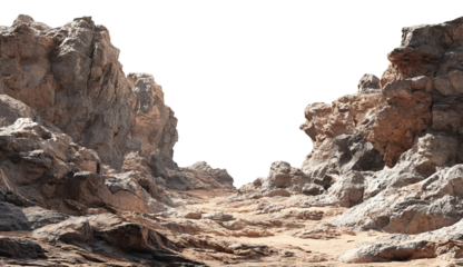 Rocky desert canyon with sand and boulders, isolated on transparent cutout background