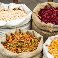 Colorful dried legumes in burlap sacks