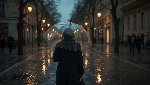 Autumn street scene with umbrella silhouette, warm lamp reflections on wet pavement.