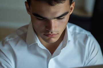 Fototapeta premium Focused businessman working with laptop in office