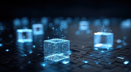 Abstract digital cubes.  Glowing, wireframe cubes float on a dark, textured surface.  Networked, data-rich, futuristic