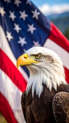 Bald eagle portrait with American flag
